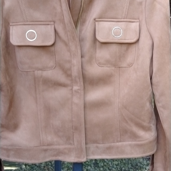 NWOT WHBM Women Sz LP Cropped Faux Suede Jacket Brown, Front Zip Spread Collar - Picture 10 of 12